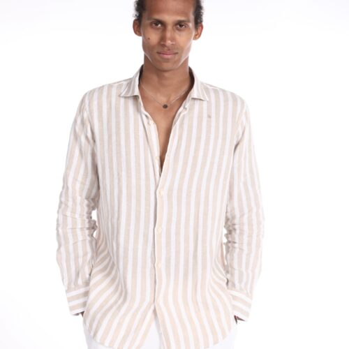 Camisa Lino con Rayas Anchas Beiges