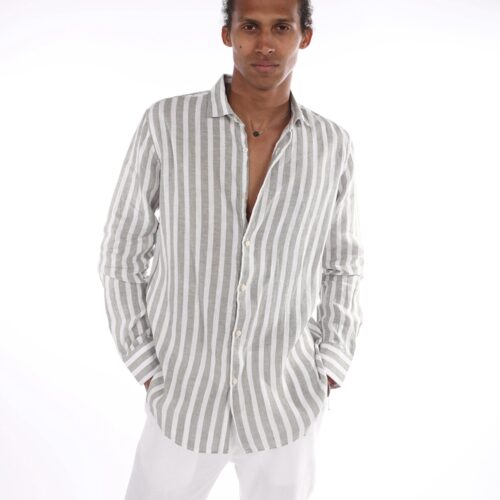 Camisa Lino con Rayas Anchas Verdes