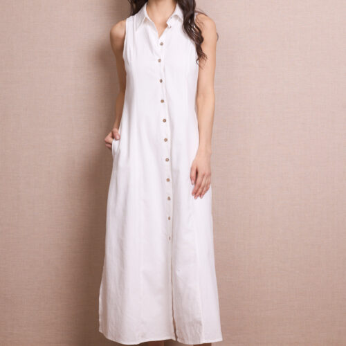 Vestido Largo Blanco Camisero Manga Sisa Bolsillos