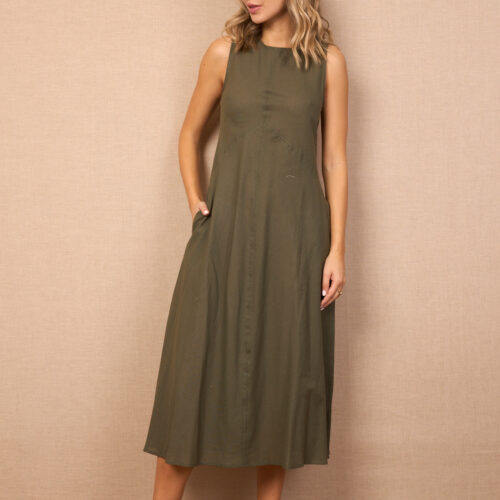 Vestido Largo Verde Liso Manga Sisa Bolsillos