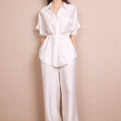 Conjunto Blanco Pantalón Largo Bolsillos Camisa Manga Corta