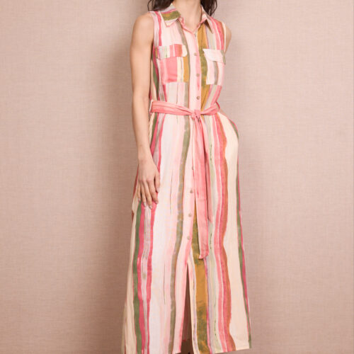 Vestido Largo Camisero Estampado Rayas Multicolor Manga Sisa Bolsillos