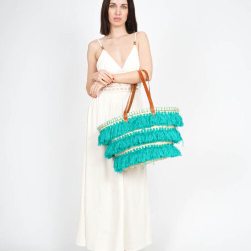 Capazo de Palma Natural con Asas de Piel y Borlas Hilo