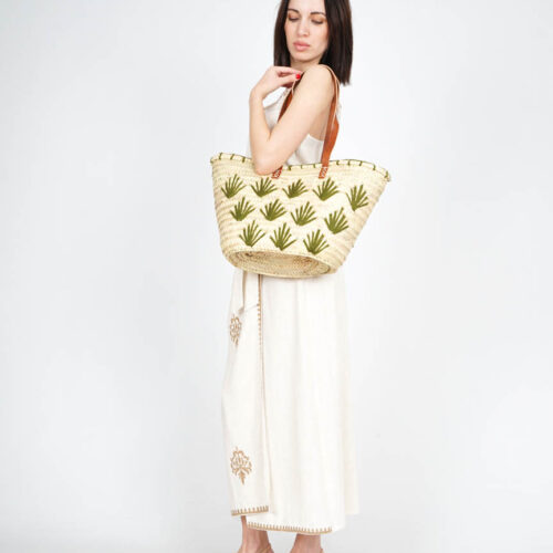 Capazo Hojas de Palma Natural y Lana - Asa de Piel