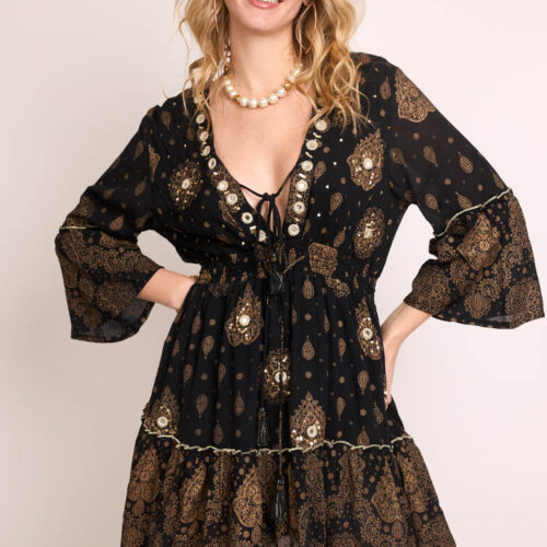 Vestido Corto Gold Blockprint Bordado