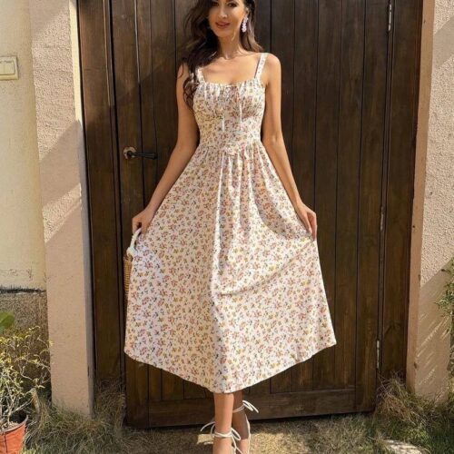 Vestido  Midi Estampado Flores Tirante Fino