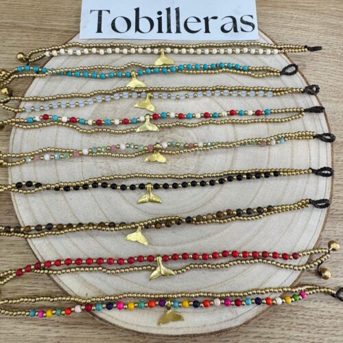 Tobillera Doble Tira Bolitas Detalle Cola de Sirena Dorado