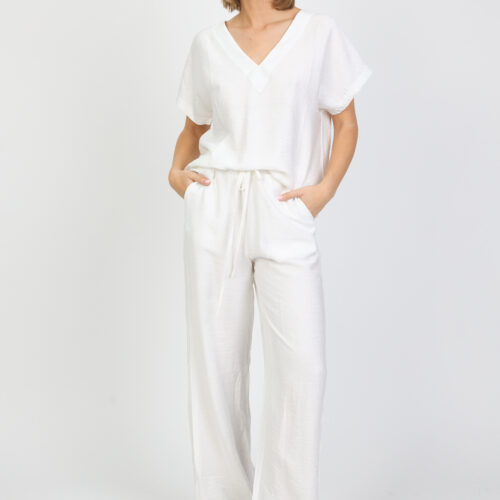 Conjunto Blanco Pantalón Largo Recto Blusa Manga Corta