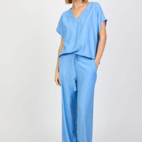 Conjunto Azul Pantalón Largo Recto Blusa Manga Corta