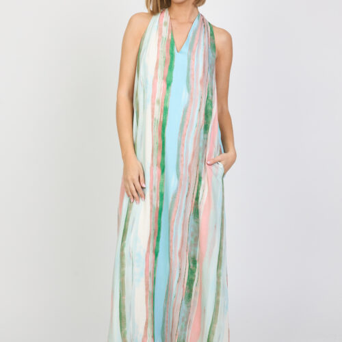 Vestido Largo Estampado Rayas Multicolor  Escote V Espalda Nudo