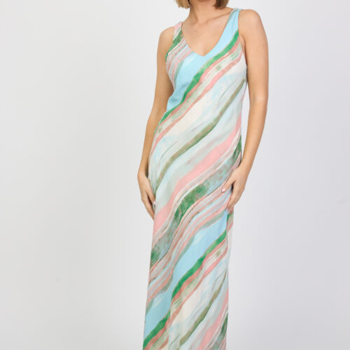 Vestido Largo Estampado Rayas Multicolor  Escote V Tirantes Anchos