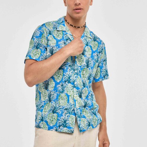 Camisa Hawaiana Azul Estampada