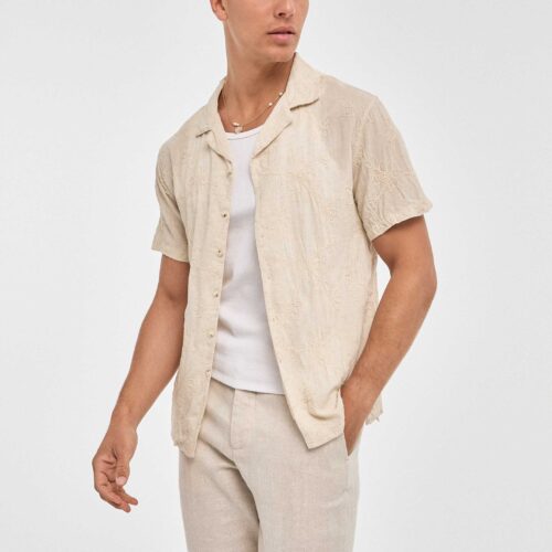 Camisa Beige Hawaiana con Lino Diseño Bordado Flores