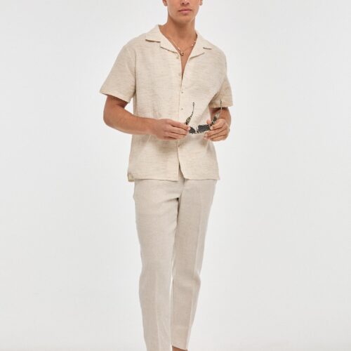 Camisa Beige con Lino Manga Corta Diseño Relieve de Rayas