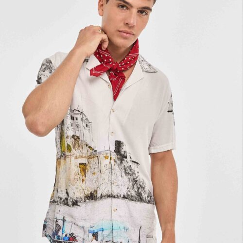 Camisa Blanca Hawaiana con Estampado Digital