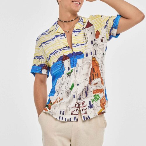 Camisa Blanca Hawaiana con Estampado Digital