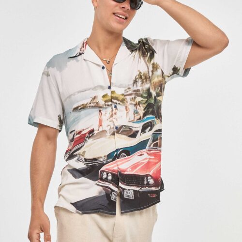 Camisa Blanca Hawaiana con Estampado Digital