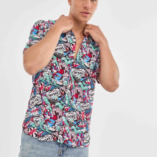 Camisa Rosa Hawaiana con Estampado Digital Comics
