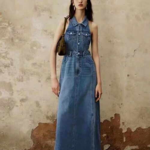 Vestido Vaquero Largo Cuello Halter