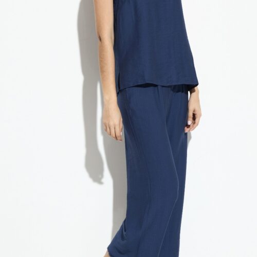 Blusa Azul Marino Escote Redondo Diseño Deshilachado Manga Sisa