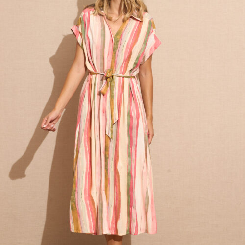 Vestido Rosa Largo Camisero Estampado Rayas Manga Corta