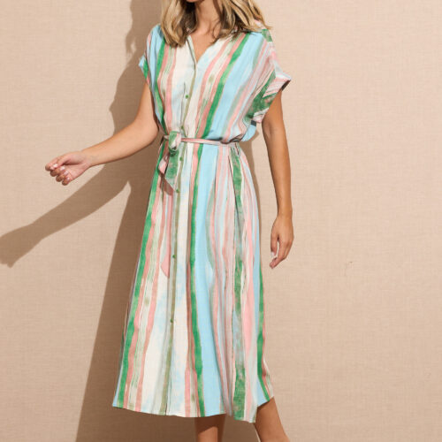 Vestido Verde Largo Camisero Estampado Rayas Manga Corta