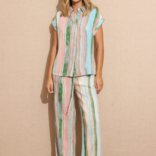 Pantalón Verde Largo  Estampado Rayas Cintura Elástica Bolsillos