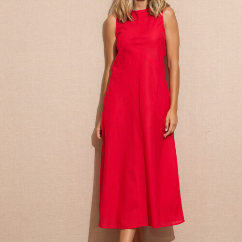 Vestido Rojo Largo Liso Sin Mangas Bolsillos