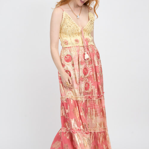 Vestido Largo Lurex Crochet Bordado