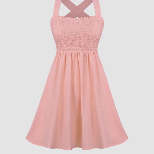 Vestido Corto Rosa Espalda Cruzada Escote Elástico