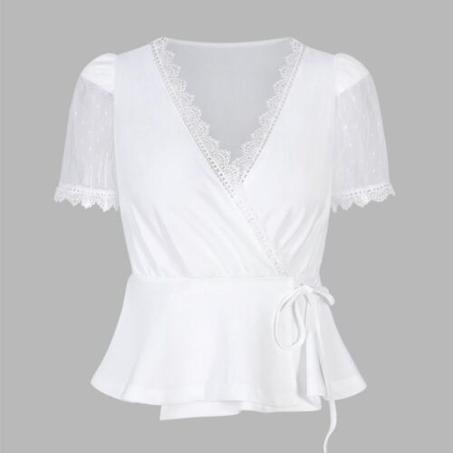Blusa Blanca Escote Cruzado con Encaje
