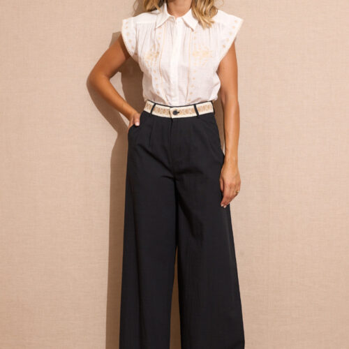 Pantalón Ancho Negro Cintura Efecto Cinturón Étnico