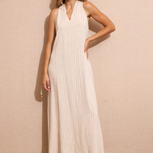 Vestido Largo Beige Rayas con Bolsillos