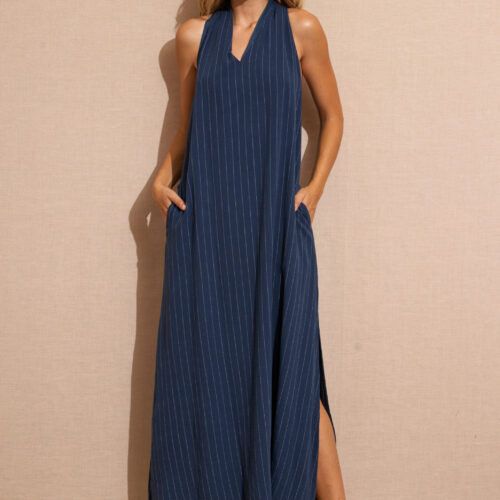Vestido Largo Azul Marino Rayas con Bolsillos