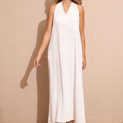 Vestido Largo Blanco Rayas con Bolsillos