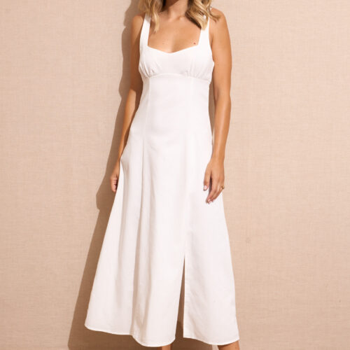 Vestido Largo Blanco Tirantes Asimétricos Corte Lateral