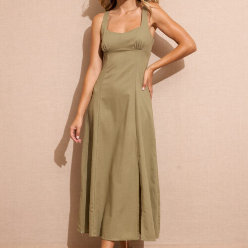 Vestido Largo Khaki Tirantes Asimétricos Corte Lateral