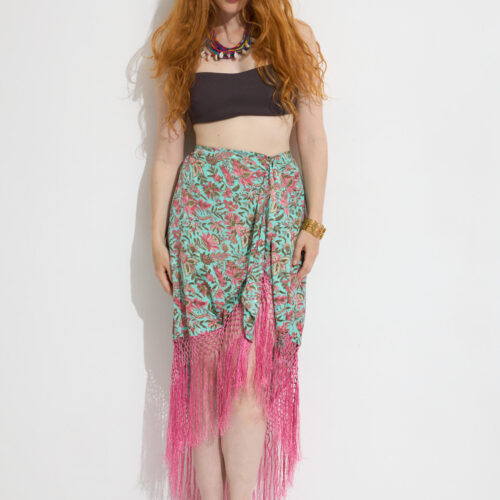 Falda Cintura Goma Asimétrica Estampada con Flecos