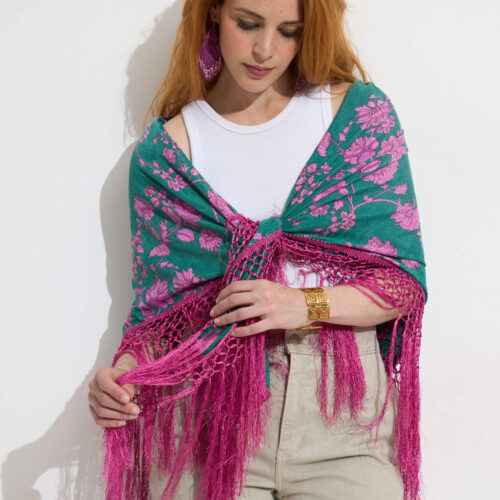 Chal Capa Estampado Flores con Flecos