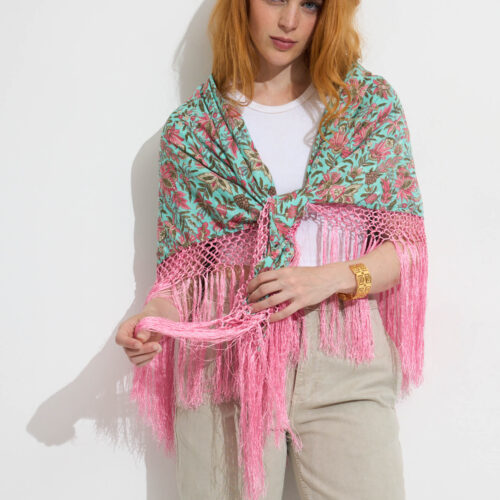 Chal Capa Estampado Flores con Flecos