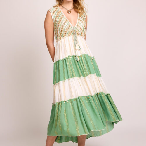 Vestido Largo Sin Mangas Lurex Bordado Bicolor