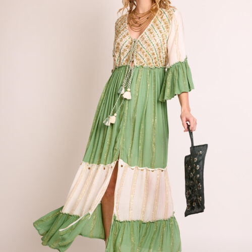 Vestido Largo Lurex Bordado Bicolor