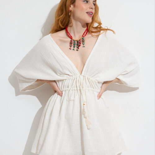 Vestido Corto Manga Larga Ancha Escote Pico Espalda Descubierta en Pico