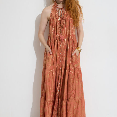 Vestido Largo Cuello Halter Estampado Gold Print