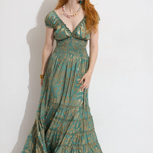 Vestido Largo Estampado Gold Print Nido de Abeja