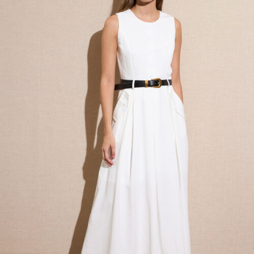 Vestido Largo Blanco Botones con Bolsillos Manga Sisa