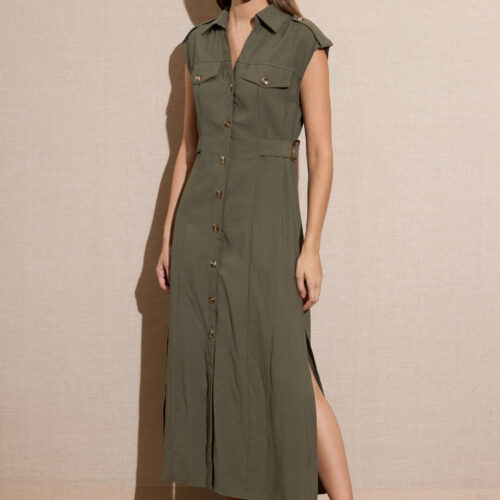 Vestido Largo Camisero Khaki Botones