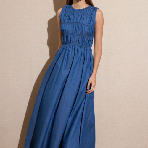 Vestido Largo Azul Fruncido
