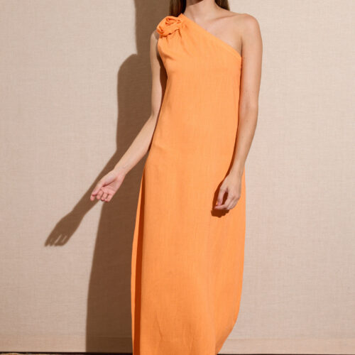 Vestido Largo Naranja Asimétrico Flor