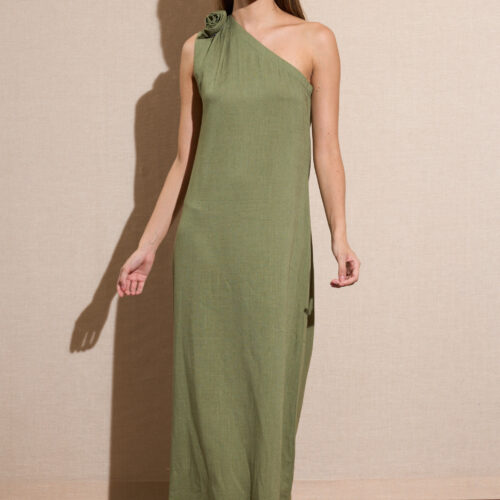 Vestido Largo Khaki Asimétrico Flor